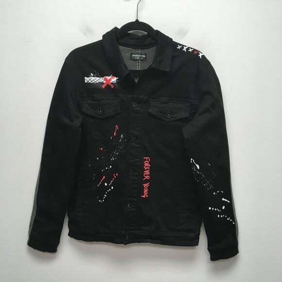 Maniere De Voir Mens Black Gray 2 Pc Set Denim Jacket M Graffiti Skinny Jeans 34 - Picture 2 of 16